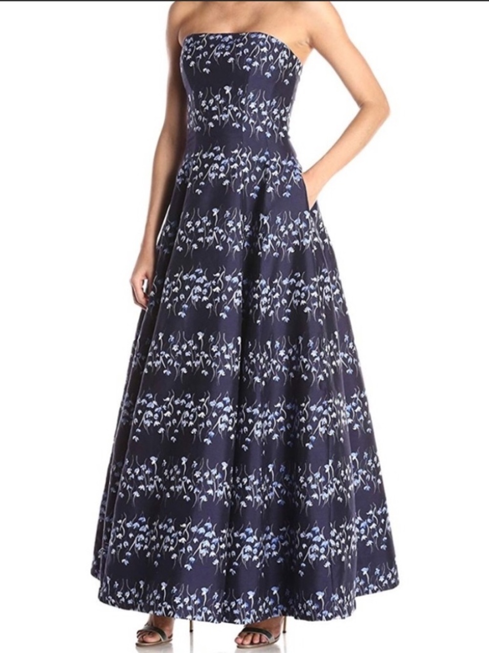 Vera Wang Navy Blue Floral jacquard Strapless Ball Gown Size 14